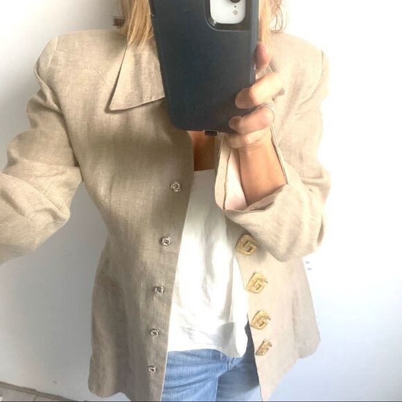 Vintage Fabulous Beige Gold Retro Linen Jacket - Picture 8 of 13
